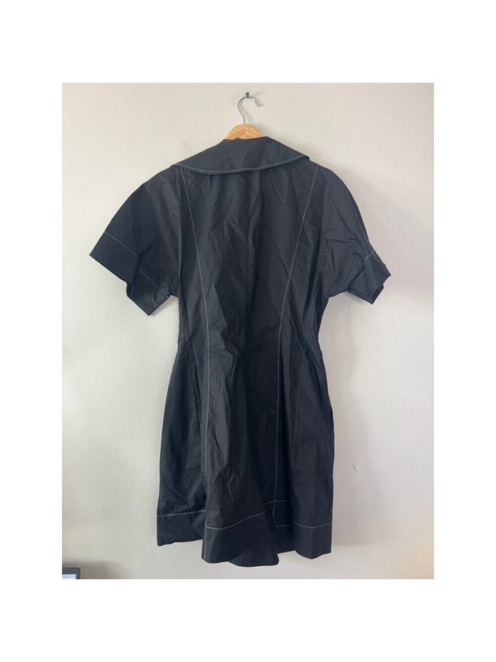 NWT GANNI Cotton Poplin Wrap V Neckline Short Sleeves Mini Dress Black Size: 8 - Picture 6 of 7